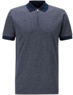 HUGO BOSS - Slim Fit Zip Neck Polo Shirt In Mercerized Cotton - Dark Blue