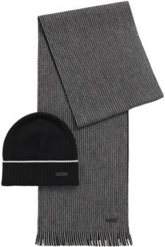 HUGO BOSS - Virgin Wool Beanie Hat And Two Tone Scarf Set - Black