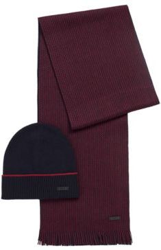 HUGO BOSS - Virgin Wool Beanie Hat And Two Tone Scarf Set - Dark Blue