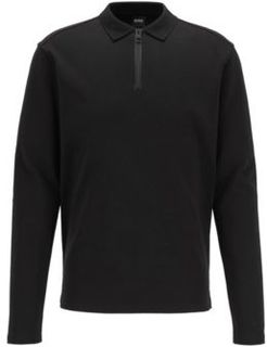 HUGO BOSS - Zip Neck Regular Fit Polo Shirt In Interlock Cotton - Black