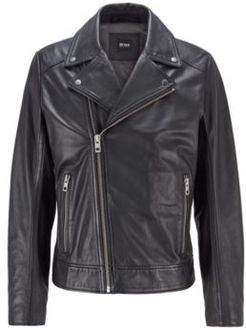 HUGO BOSS - Asymmetric Biker Jacket In Lamb Leather - Black