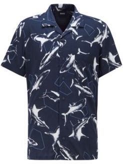 HUGO BOSS - Oversized Print Regular Fit Shirt With Press Stud Buttons - Dark Blue