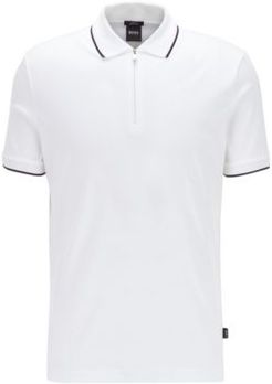 HUGO BOSS - Zip Neck Polo Shirt In Mercerized Cotton Interlock - White