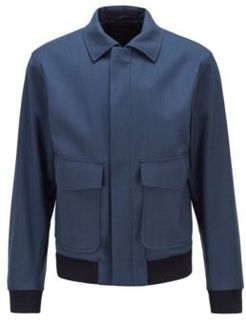 HUGO BOSS - Blouson Style Slim Fit Jacket In Stretch Wool With Silk - Dark Blue