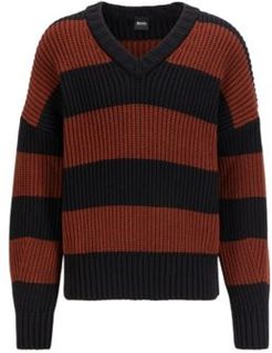 HUGO BOSS - Rugby Stripe V Neck Sweater In A Cotton Blend - Brown