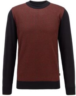 HUGO BOSS - Crew Neck Sweater In Mercerized Cotton With Vichy Check - Brown