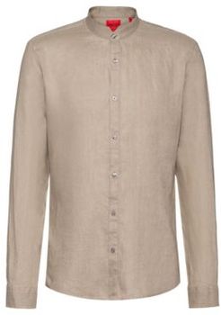 BOSS - Extra Slim Fit Washed Linen Shirt With Stand Collar - Beige