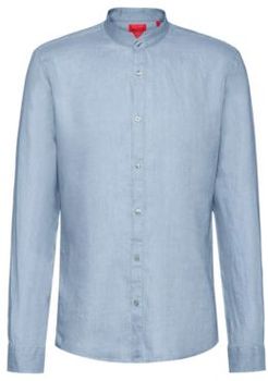 BOSS - Extra Slim Fit Washed Linen Shirt With Stand Collar - Blue
