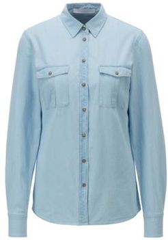 HUGO BOSS - Regular Fit Blouse In Washed Denim With Chest Pockets - Light Blue