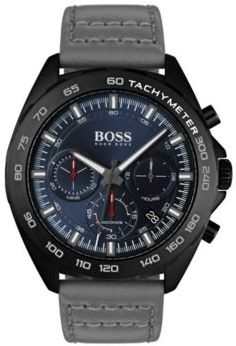 HUGO BOSS - Black Plated Chronograph Watch With Gray Leather Strap
