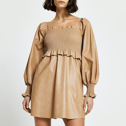 Beige faux leather shirred mini dress