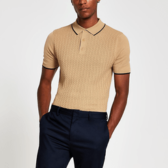 Mens Beige textured slim fit polo shirt