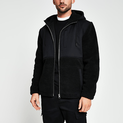 Mens Black borg nylon hooded jacket