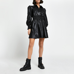 Black faux leather shirred waist shirt dress