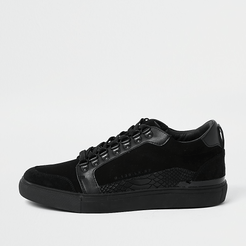 Mens Black faux leather snake detail trainers