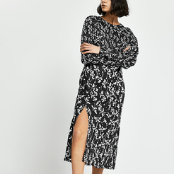 Black floral long sleeve midi split dress