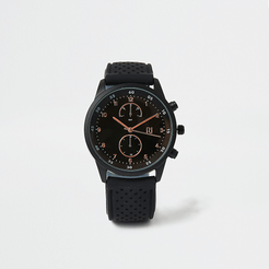 Mens Black plastic perforated strap round watch