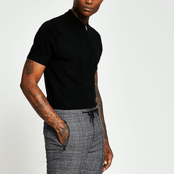 Mens Black quarter zip cashmere blend polo shirt