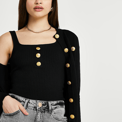 Black ribbed cardigan cami top set