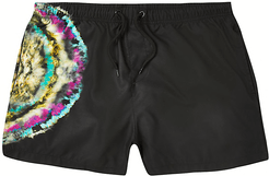 Mens Black tie dye neon print swim short