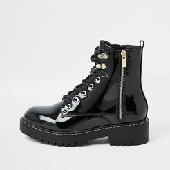 Black wide fit patent chunky flat ankle boots