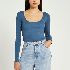 Blue long sleeve scoop neck ribbed top