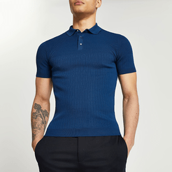 Mens Blue ribbed muscle fit polo shirt