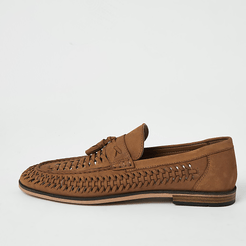 Mens Brown leather woven tassel loafers