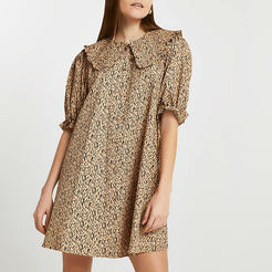 Brown leopard print collar shift mini dress