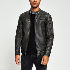 Mens Charcoal grey faux leather quilted jacket