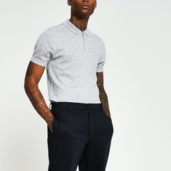Mens Grey quarter zip cashmere blend polo shirt