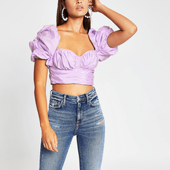 Light purple ruched puff sleeve crop top