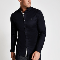Mens Navy muscle fit long sleeve Oxford shirt