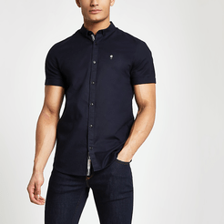 Mens Navy muscle fit short sleeve Oxford shirt