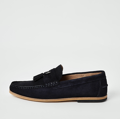 Mens Navy suede D-ring tassel loafers