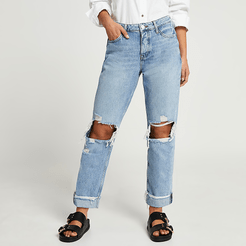 Petite blue ripped mid rise boyfriend jean