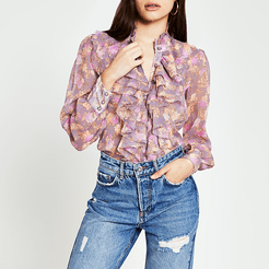 Pink floral long sleeve ruffle neck blouse