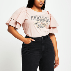 Plus pink 'couture tour' frill sleeve t-shirt