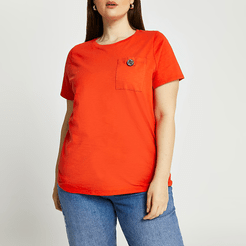 Plus red short sleeved diamante button tee