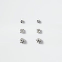 Mens Silver colour diamante stud earrings 3 pack