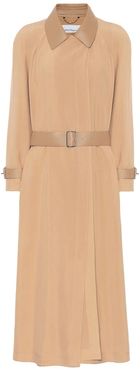 Leather-trimmed silk trench coat