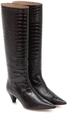 Croc-effect leather knee-high boots