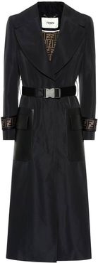 Leather-trimmed faille trench coat