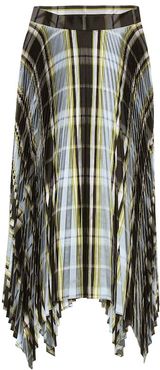 Checked pleated silk midi skirt