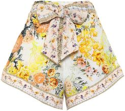 Belted floral linen shorts