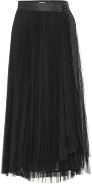 Leather-trimmed tulle skirt