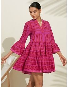 Casual Dress Summer Dress Pink Dress Pink 3/4-Length Sleeve Geometic Striped Pattern 100% Cotton Ruffle Flounced Loose Spring Summer Spring and Summer