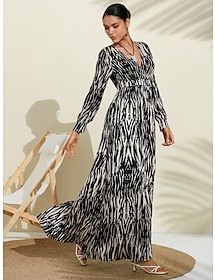 Neva Black White Spotted Print Bubble Satin V Neck Long Sleeve Swing Maxi Dress