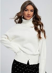 Pullover Sweater Jumper Turtleneck Ribbed Knit Acrylic Button Knitted Spring Fall Winter Work Daily Going out Fashion Casual Soft Long Sleeve Solid Col