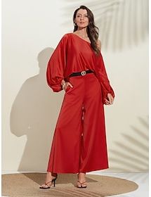 Puff Sleeve Cold Shoulder Solid / Plain Color Outfits Daily Wear Casual Daily Red S M L